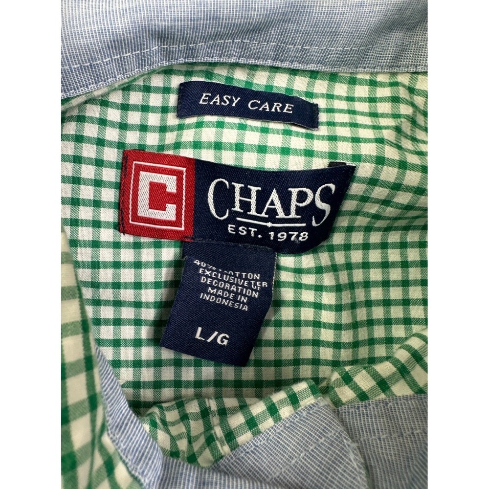 Chaps Men's Green White Gingham‎ Short Sleeve Button Down Shirt Easy Care Large